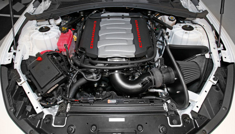 K&N Chevrolet Camaro SS 6.2L V8 cold air intake kit installed in engine bay, showcasing the performance intake components.