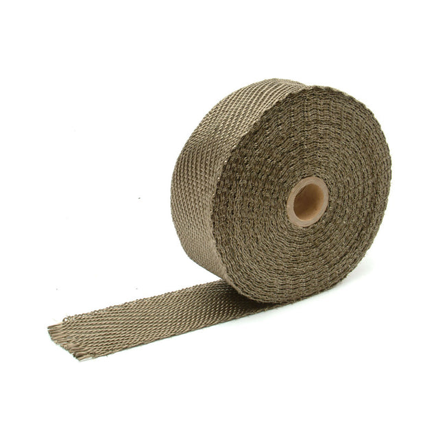 DEI Titanium Exhaust Wrap 2in x 50ft, heat-resistant insulation for automotive exhaust systems, shown in a rolled, flexible form.