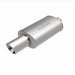 MagnaFlow stainless steel muffler with tip, 14x5x8 inches, featuring dual inlet and outlet pipes for vehicle exhaust system.