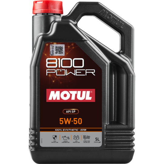 Motul 5L 8100 Power 5W50 full synthetic engine oil container, motor oil for car engines with brand label visible