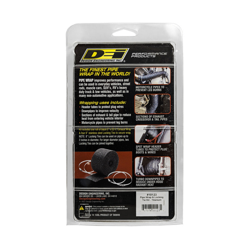 DEI Titanium Exhaust Wrap Kit with pipe wrap and locking tie, used for heat insulation on automotive exhaust systems.