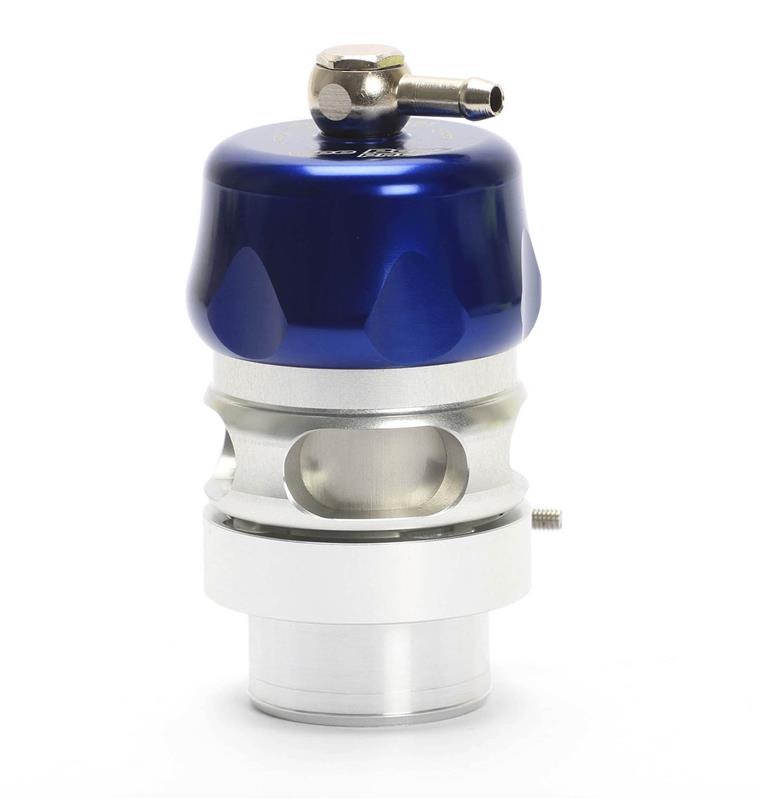 Turbosmart Vee Port Pro blue blow off valve with polished metal components and blue silicone hose for turbocharged engines.