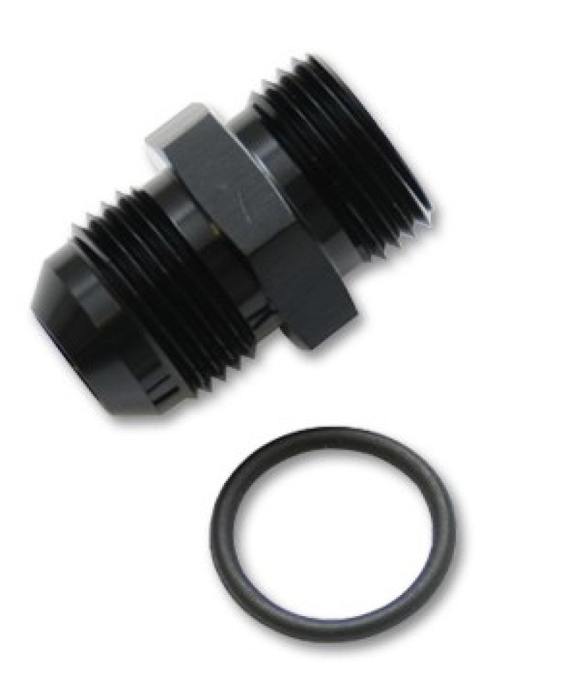 Vibrant black anodized 3AN male flare to 4 ORB male straight adapter fitting with O-ring for automotive or industrial use.