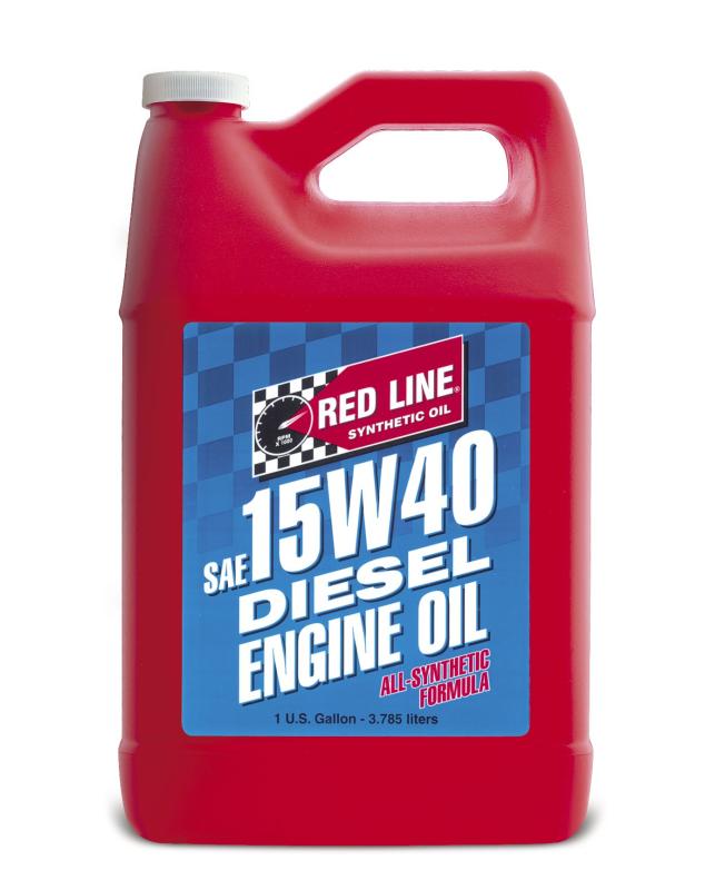 Red Line 15W40 diesel motor oil gallon container with red and black label for engine lubrication and maintenance.