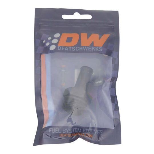 DeatschWerks 10AN ORB male to 1/2 inch male barb fitting in anodized matte black for automotive fluid connections.