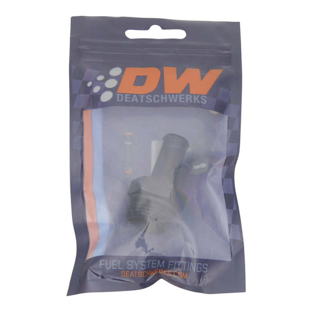 DeatschWerks 10AN ORB male to 1/2 inch male barb fitting in anodized matte black for automotive fluid connections.