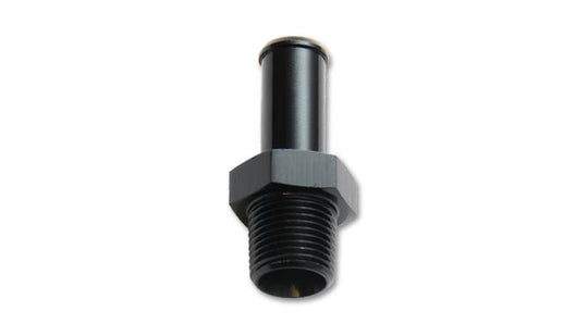 Vibrant aluminum 1/2-inch NPT to 5/8-inch barb straight fitting for plumbing and fluid connections.