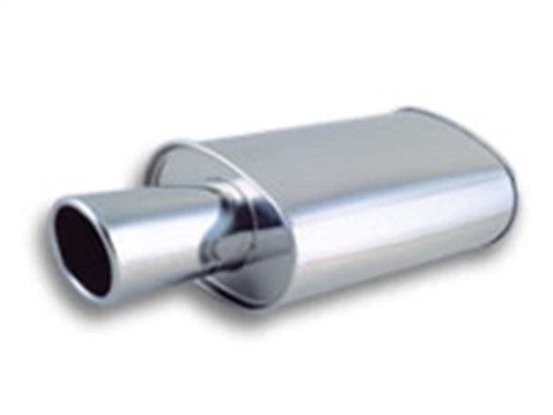 Vibrant StreetPower Turbo oval muffler with 4-inch round tip, angle cut rolled edge, 3-inch inlet diameter, automotive exhaust part