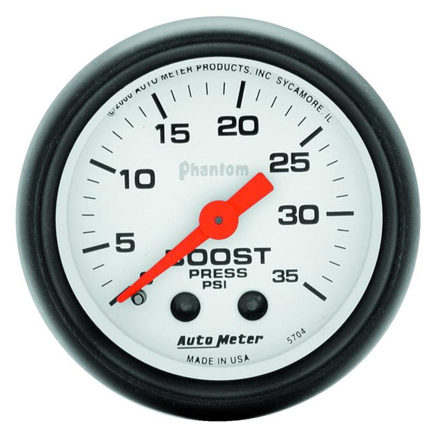 AutoMeter Phantom 52mm mechanical boost gauge with 35 PSI display showing black dial and silver bezel on a clean background.