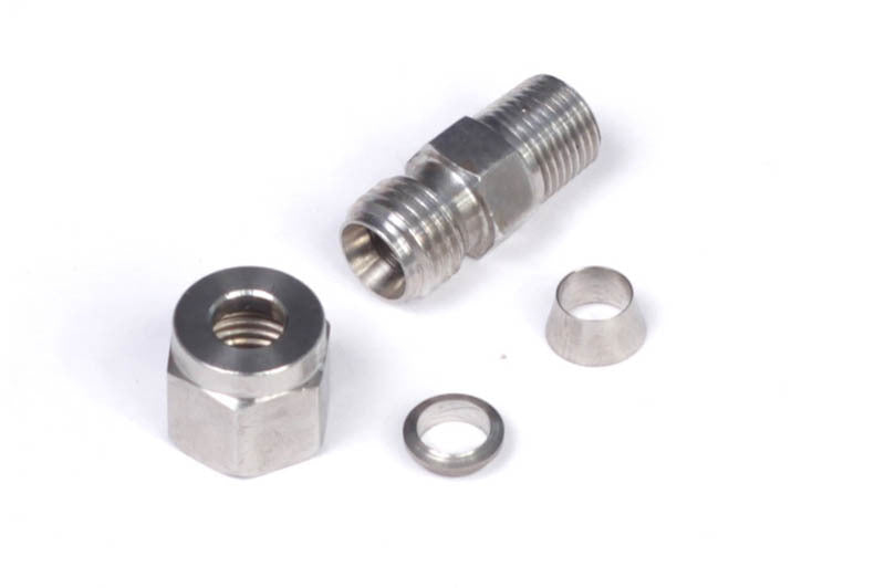 Haltech stainless steel compression fitting kit with 1/4 inch fitting, 1/8 inch NPT thread, nut, and ferrule for plumbing or fluid systems.