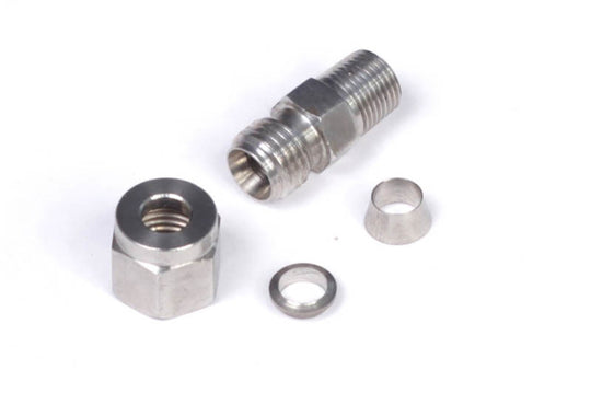 Haltech stainless steel compression fitting kit with 1/4 inch fitting, 1/8 inch NPT thread, nut, and ferrule for plumbing or fluid systems.