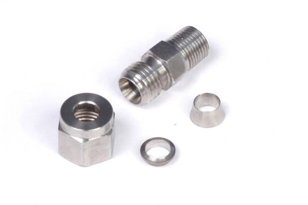 Haltech stainless steel compression fitting kit with 1/4 inch fitting, 1/8 inch NPT thread, nut, and ferrule for plumbing or fluid systems.