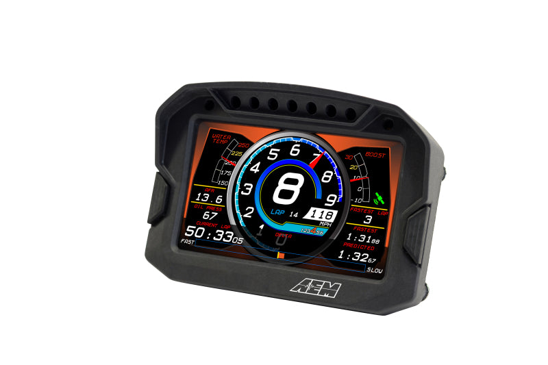 AEM CD-5LG Carbon Logging Digital Dash Display with internal 10Hz GPS and antenna showing gauges for automotive monitoring.