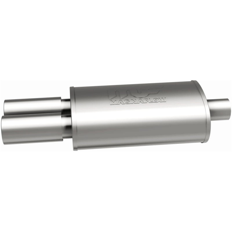 MagnaFlow stainless steel muffler with integrated tip, 14x5x8 inches, designed for automotive exhaust systems.