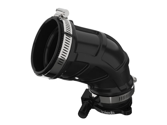 aFe turbo inlet pipes for Takeda intakes, showing polished metal piping with branding, designed for improved engine airflow.