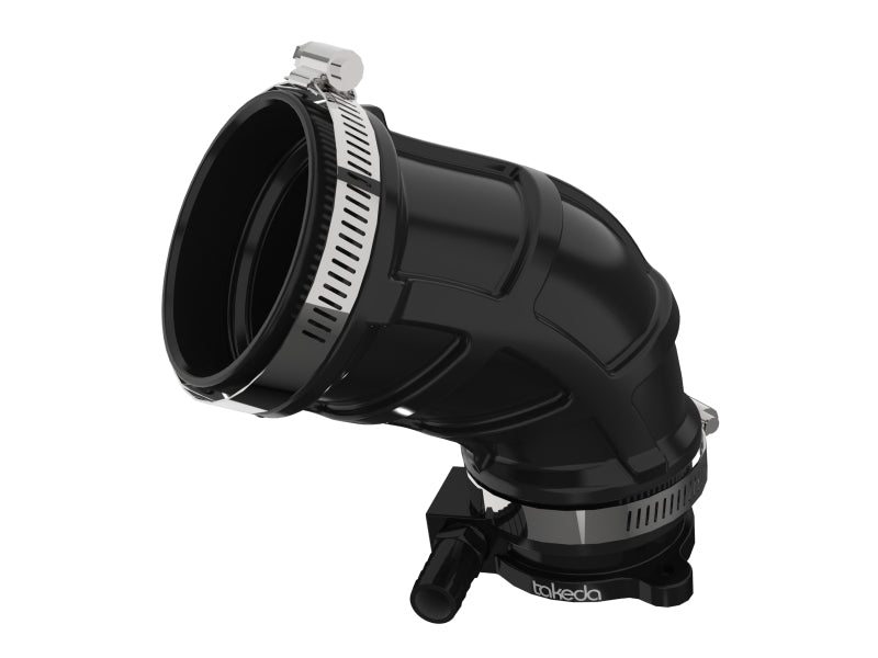 aFe turbo inlet pipes for Takeda intakes, showing polished metal piping with branding, designed for improved engine airflow.