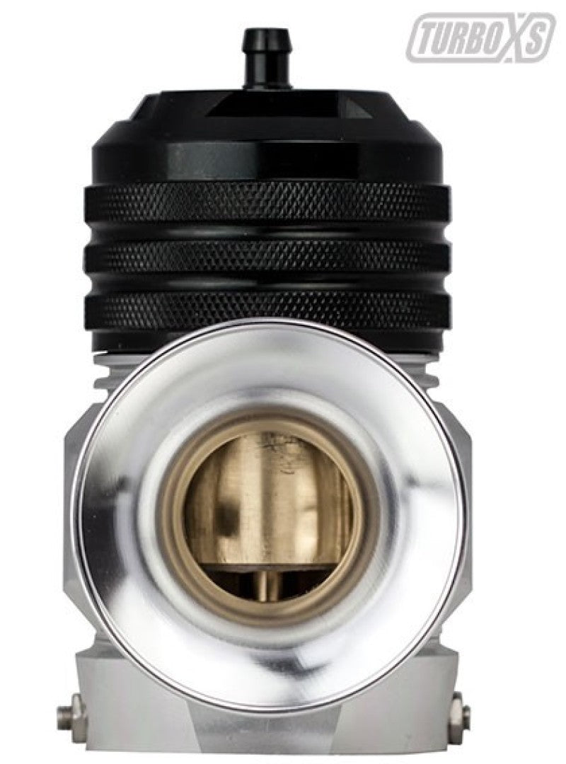 Turbo XS Type H-RFL blow off valve with aluminum piston and O-ring, shown installed on a turbocharged engine for enhanced boost control.
