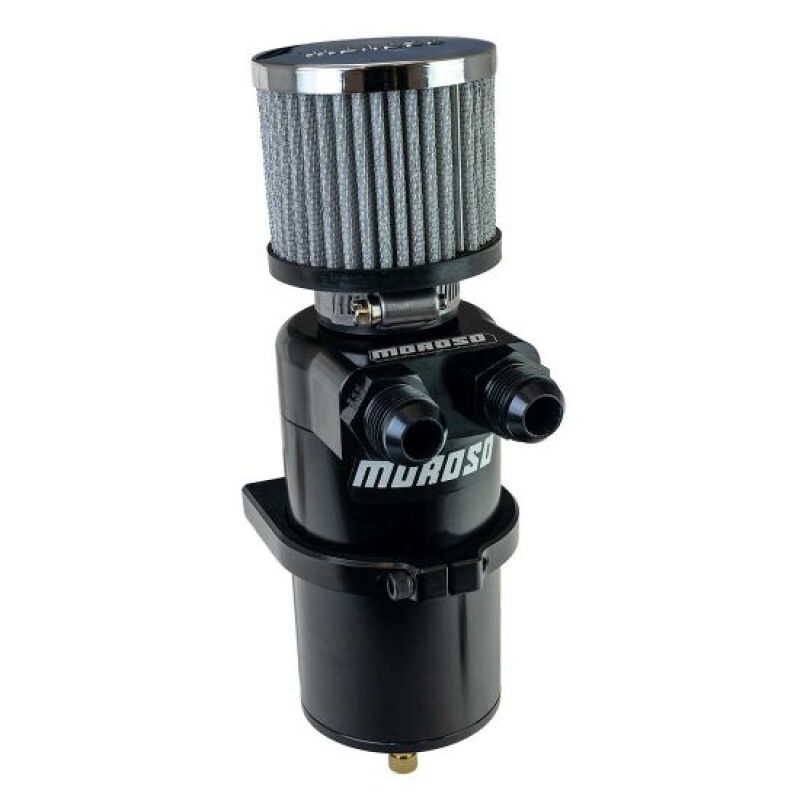 Moroso black billet aluminum dual inlet -10AN oil catch can with breather tank for automotive engine ventilation.
