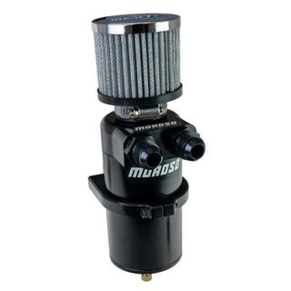 Moroso black billet dual inlet -10AN oil catch can with breather tank for automotive engine venting system.