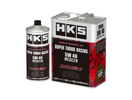 HKS Super Turbo Racing Oil 5W40 4L bottle, high-performance motor oil for car engines, with colorful label and cap.