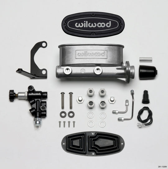 Wilwood HV tandem brake master cylinder with 1-inch bore, includes left-hand bracket and proportional valve for vehicle braking system.
