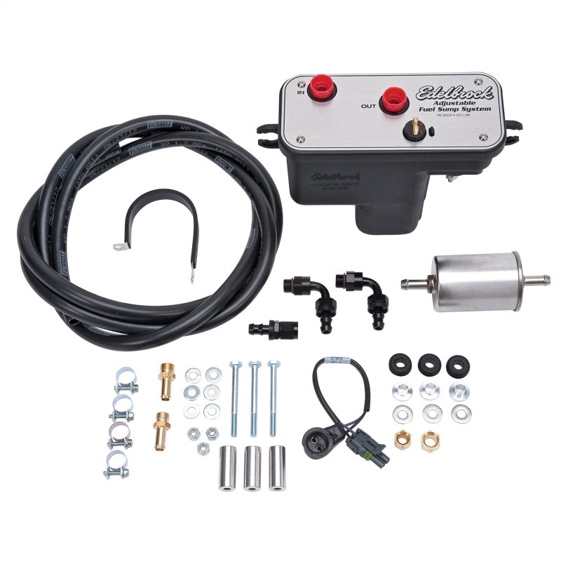 Edelbrock universal fuel sump module with adjustable 255 LPH fuel flow, designed for use with fuel tanks.