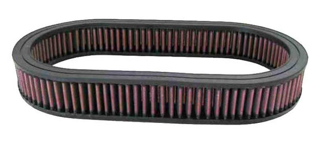 K&N Engineering custom oval air filter with 7.75-inch width, 14.625-inch length, and 2-inch height, drop-in style for vehicles.