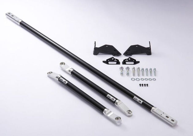 HKS 2020+ Toyota Supra rear carbon strut brace set installed in the engine bay, enhancing chassis rigidity and handling.