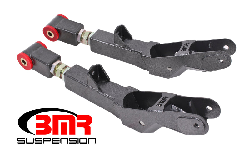 BMR Suspension black hammertone rear lower control arms for 5th gen Camaro, adjustable polyurethane suspension components on car