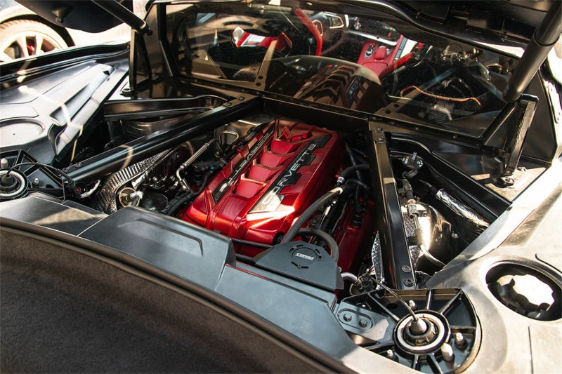 CORSA Performance Corsa 2020+ Chevrolet Corvette C8 Stingray coupe oil catch can installed in engine bay.