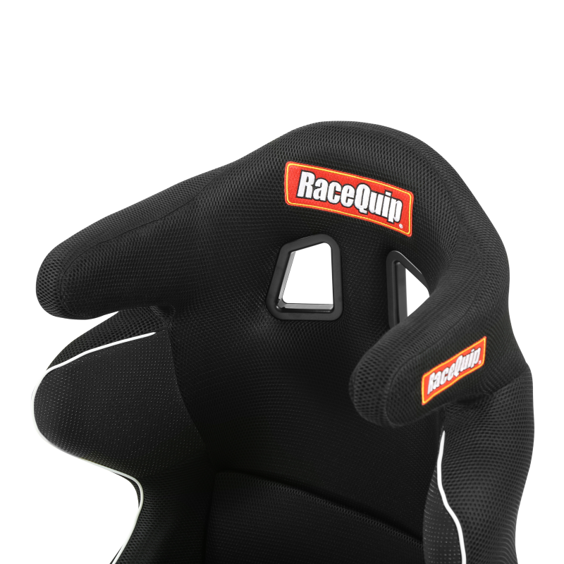 RaceQuip FIA containment racing seat in large size, with sturdy black construction and safety harness slots for professional motorsport use.