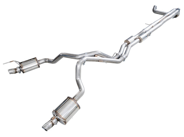 AWE Tuning catback dual exit exhaust system for 2021+ Cadillac Escalade 6.2L ESV, showing polished exhaust tips and piping.