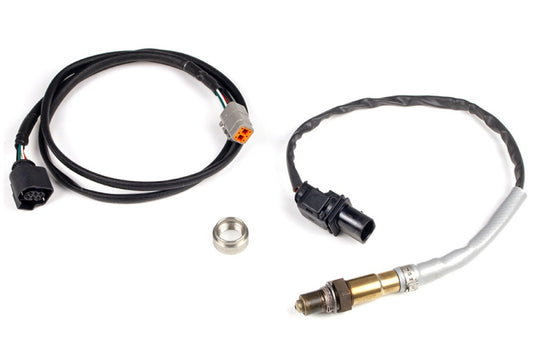 Haltech LSU4.9 wideband hardware pack showing sensors, connectors, and mounting accessories for wideband oxygen sensor installation.