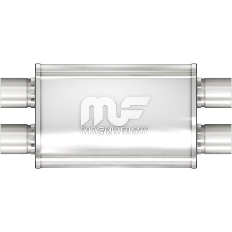 MagnaFlow Mag SS muffler with 11x4x9-inch dimensions and 2.25-inch dual inlet and outlet pipes, showcasing the stainless steel construction.