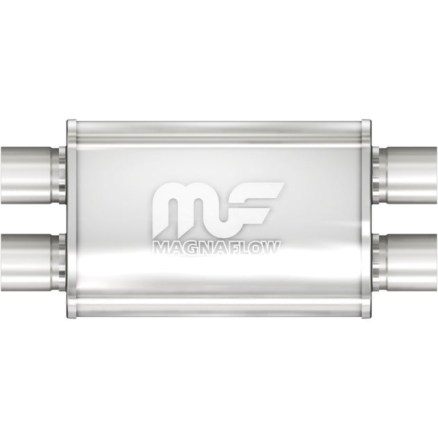 MagnaFlow Mag SS muffler with 11x4x9-inch dimensions and 2.25-inch dual inlet and outlet pipes, showcasing the stainless steel construction.