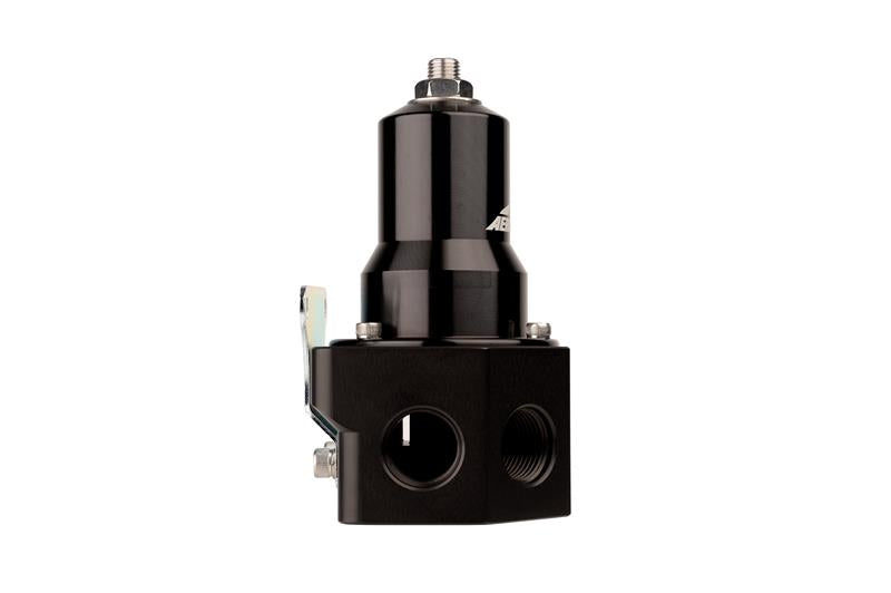 Aeromotive Pro-Series EFI Boost Reference Fuel Pressure Regulator showing metal body and adjustment knob for performance tuning.