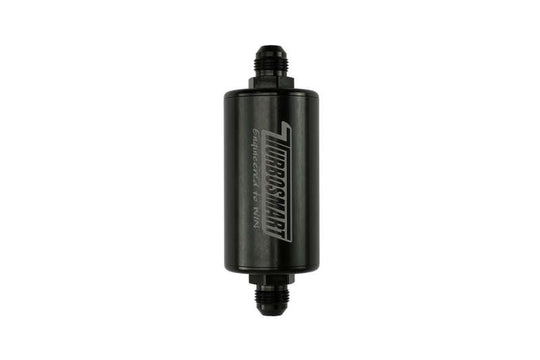 Turbosmart 10um 8AN inline fuel filter in black, designed for automotive fuel systems, with visible filter element and fittings.