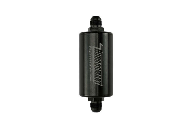 Turbosmart 10um 8AN inline fuel filter in black, designed for automotive fuel systems, with visible filter element and fittings.