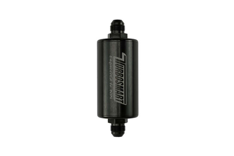 Turbosmart 10um 8AN inline fuel filter in black, designed for automotive fuel systems, with visible filter element and fittings.