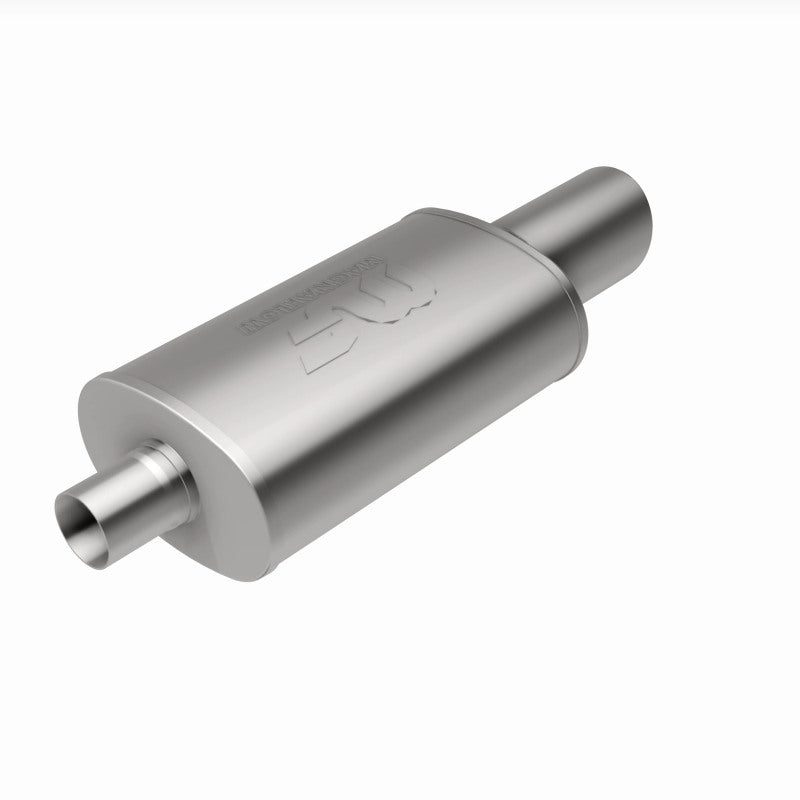 Magnaflow MagnaFlow muffler with tip, model RS 14X5X8, featuring dual inlet/outlet, installed on a vehicle exhaust system.