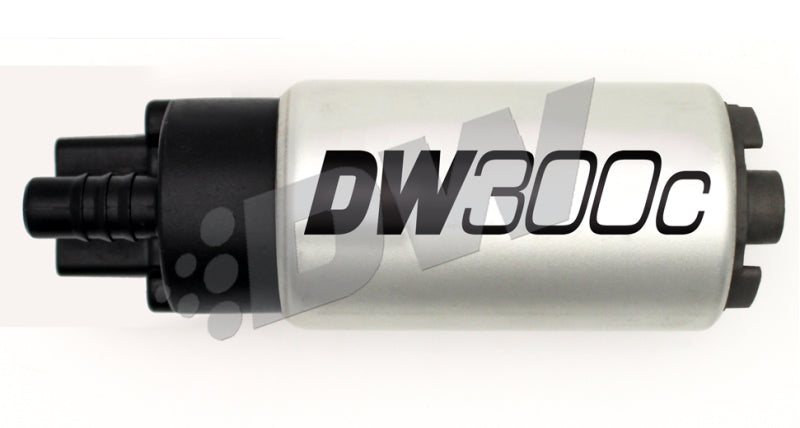 DeatschWerks 340lph DW300C compact fuel pump showing metal body and electrical connections for automotive fuel system.
