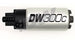 DeatschWerks 340lph DW300C compact fuel pump showing metal body and electrical connections for automotive fuel system.