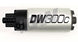 DeatschWerks 340lph DW300C compact fuel pump showing metal body and electrical connections for automotive fuel system.