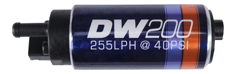 DeatschWerks 255 LPH DW200 series in-tank fuel pump installed in a vehicle fuel tank for high-performance fuel delivery.