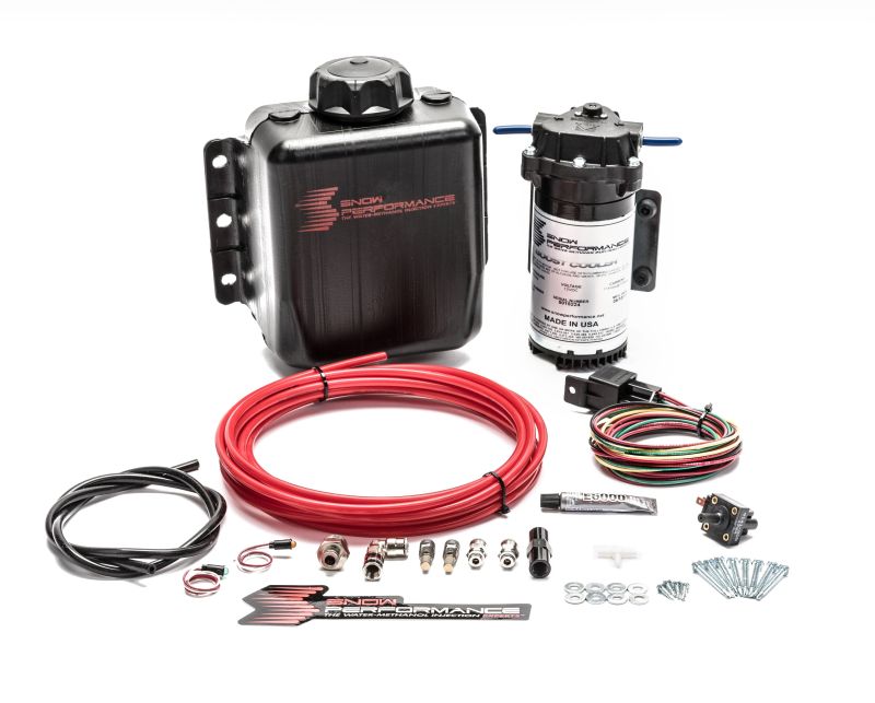Snow Performance Stage 1 Boost Cooler TD water methanol injection kit with red high-temp tubing and quick fittings.