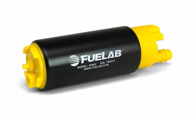 Fuelab 494 high output in-tank electric fuel pump with 340 LPH flow, shown installed in a vehicle fuel system.