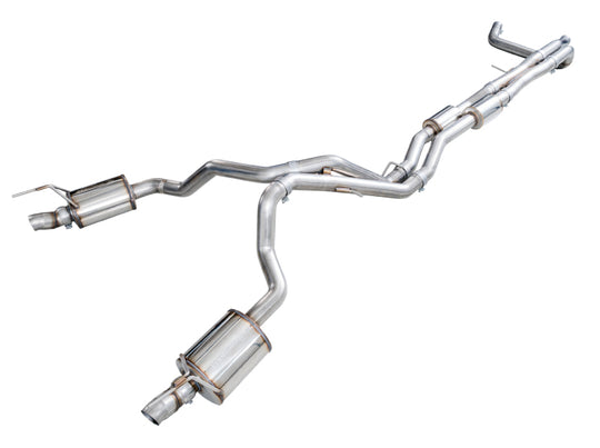 AWE Tuning catback dual exit exhaust system for 2021+ Cadillac Escalade 6.2L, featuring re-used OE tips and stainless steel construction.