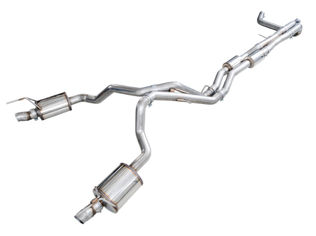 AWE Tuning catback dual exit exhaust system for 2021+ Cadillac Escalade 6.2L, featuring re-used OE tips and stainless steel construction.