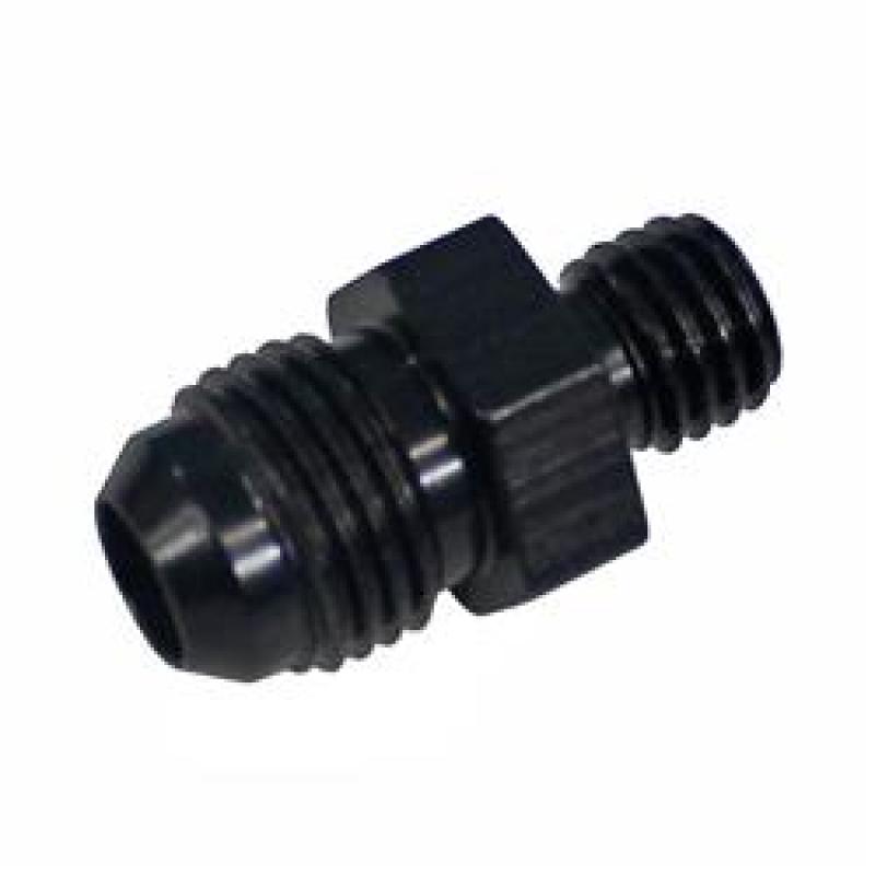 Fragola black -6AN x 14° x 1.5 fitting adapter showing metal construction and angled design for automotive or racing applications.