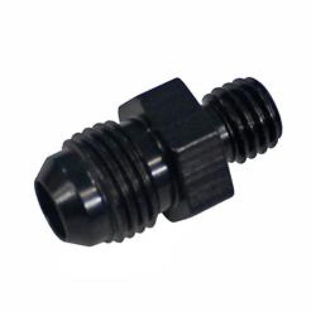 Fragola black -6AN x 14° x 1.5 fitting adapter showing metal construction and angled design for automotive or racing applications.